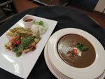 Chimichurri Chicken, Tempura Veggies, Jasmine Rice, and creamy Black Bean Soup
